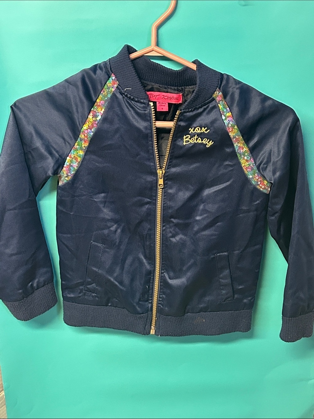 Betsey Johnson Navy Girls' Puffer Jacket with Multicolor Sequin Trim